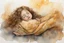 Placeholder: Small girl with long curly brown hair sleeping in god's hand (a big, clear hand) watercolor and ink, golden patina, glitters in ochre, backlit, mist and fog