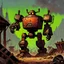 Placeholder: 90's fantasy tcg art of a large junk robot in junkyard