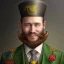 Placeholder: portrait of leprechaun man,whole, beard,"top hat",elegant gold and green suit,smiling, by Chie Yoshii