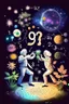 Placeholder: Albert Einstein and Richard Feynman playing with numbers & atoms in outerspace with plants, cosmic gas, stars, moons, and comets dancing around them