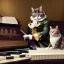 Placeholder: A cat that is dressed like Wolfgang Amadeus Mozart is playing Piano. Background Music notes are dancing. Immpressionism