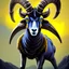 Placeholder: A bighorn sheep ram warrior full blue and yellow body armor with fierce and wild look, highly detailed, digital art, sharp focus, trending on art station, standing on all fours with one hoof on an american football, field of grass, background mountain peaks sunset sky of blue and yellow, design by charlie bowater, ross tran, artgerm, and makoto shinkai, detailed, colors #003594 #FFA300 #FF8200 #FFD100 throughout