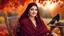 Placeholder: Hyper Realistic Photographic-view of a Young Beautiful Happy Pashto Woman With Beautiful Eyes & Kajal with beautiful lips smiling wearing maroon-dress & covering herself with black-shawl sitting on rocking-chair in an autumn-garden with cloudy-sunset & birds-flying & orange-leaves-whirling showing dramatic & cinematic ambiance