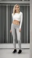 Placeholder: photography of anorexic blond girl, face frontal, body frontal, satin yoga pants, defined abs, standing, leohex, fashion photography, bright daylight, surfer hair, concrete background, raw, grit, open mouth, satin