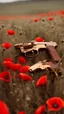 Placeholder: Two gold pistols and a red notebook on a white scarf. A field of red poppies. Close-up from above.cinematic.dark mood