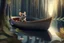 Placeholder: mouse in boat, in forest by lake, book illustration, fine detail, 4k, trending, volumetric light, depth of field