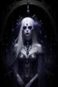 Placeholder: darkness, purple, jinn, occult, gothic, white lady completely skeletal queen of dead, no face, no eyes, white flowy hair, bone and silver crown, jewels and silver ornaments etched directly in her skeletal structure, ,tall, framed with grapevines