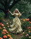 Placeholder: Realistic Photography Beautiful Princess dancing in Wild garden, flower beds, fractal ornamentation, over detailed, gloriously full and confusing, nothing that really exists, everything made up, fantasy world, sweet briar, photography graphic art, song birds, ochre rose, rose buds, dewy morning, forest of oaks,