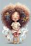 Placeholder: Whimsical stylized illustration of a cute toddler girl with an enormous, chaotic cloud of frizzy curly hair, scribbly hair textures with colorful tiny flowers tucked in, head tilted back with a smug mischievous grin and closed eyes. She is in a dynamic, playful wide-legged stance, leaning low to one side with one hand on her knee. Wearing an oversized white t-shirt and baggy cream pants featuring large, bold retro 70s floral patterns in blue, red, and yellow. BING