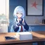 Placeholder: Clear focus, High resolution, long fluffy light blue hair, hair between eyes, long locks, wearing a sailor uniform, wearing a sailor skirt, long black socks, 1girl, cartoon, cute, UNFOTABLE studio