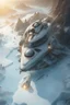 Placeholder: ,large detailed space ship floating on wide ice River on a , beside village, antennas, exhaust ports , stopped, , luminescent , 35 mm focal length