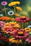 Placeholder: close up of a Fantasy miniscule gerbera daisy, each daisy has extra-large googly 3D eyes, and fantasy flowers and trees professional award-winning masterpiece rich colored airbrush oil painting on canvas Atmospheric extremely detailed