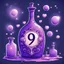 Placeholder: Cartoon illustration of love potion number 9 bottle sparkling, enchanted, fantasy illustration, highly detailed vintage story art style, purple tones, exaggerated, surreal