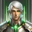 Placeholder: Please create an image for a young elven male with light brown skin, silver hair, and green eyes. He is accompanied by a metallic robot