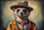 Placeholder: Imagine an anthropomorphic meerkat with a harlequin hat ,by Judith Leyster. in the style of August Macke, John Blanche. Modifiers: oil on canvas vibrant imperial colors hyperrealistic ultra detailed crisp quality whimsical muted colors Decadent 64K, UHD, HDR, HQ anthropomorphic face dark, gloomy, mysterious ©Miwi metallic bronze accents