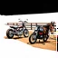 Placeholder: a new harley davidson pan america 1250 motorcycle, next to a new Indian Springfield Dark Horse motorcycle. next to a horse who's facing away and tied by the reins to a wood railing. white background. dirt ground. silkscreen style image