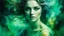 Placeholder: collage, old paper, slightly worn edges, alcohol ink, hyperdetail, portrait of a translucent woman surrounded by a rich dark green background with a slight mist and otherworldly glow, which creates a dreamy and ethereal atmosphere, Anna Razumovskaya, Anna Dittmann, Luis Royo