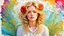 Placeholder: abstract art complementary colors fine details , old torn worn paper, high grain, portrait blonde , flowers in hair, acrylic, alcohol ink, fine drawing, A blonde woman in her 40s, with flowers woven into her loose, curly hair, sits in a whimsical, fairytale setting, surrounded by delicate swirling patterns reminiscent of the textures of old torn paper, in a vibrant, abstract style combining acrylic and alcohol ink techniques, with fine detailing that highlights complementary colors, in the expre