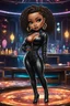 Placeholder: Create a digital airbrush chibi cartoon of a black curvy female wearing a black leather suit with black heels. Prominent make up with brown eyes. Highly detail black shiny locs that flow down her back. Extra-long diamond hoop earrings and jewelry. Background of a night club with a pool table behind her