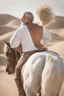 Placeholder: half figure shot photography of a burly arab strongman, white beard, sweat, hairy chest, 63 year old, big eyebrows, curly hair, white t-shirt, big belly, side view from the ground, riding a white horse in the desert under the sun, photorealistic, ambient occlusion