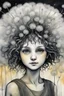 Placeholder: pencil and charcoal sketch of a cute happy little dandelion fairy girl, Mucha inspired emotional nature ephemeral sculptures of Andy Goldsworthy, tiny human form, essence captured as if created by surrealist photographer Noel S Osvald rendered in bright ombre colors, mixed with influences by John Bauer and Tim Burton, faded dark grey background, minimalistic art, with details that reflect advanced rendering techniques that push the drawing's realism even further Modifiers: trending on Artstation