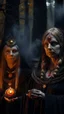 Placeholder: close up portrait of merciless medieval high priestess countess gorilla and her creepy sister in big eyed trance, fire ball portal, full moon, swirly mist,autumn wind, arcane invocation ritual of smoke demon with immense power in luminous stone altar ruins in dark forest grove, shot on Hasselblad h6d-400c, zeiss prime lens, bokeh like f/0.8, tilt-shift lens 8k, high detail, smooth render, down-light, unreal engine, prize winning