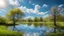 Placeholder: Spring Nature, lighting atmosphere, blue sky, a small lake, deep trees, clouds