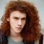 Placeholder: teen, male, with long red curly hair, head shot, model, real photo, soft lighting