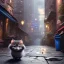 Placeholder: pixar style, volumetric New York back alley with steel garbage can environment and background, realistic painting of a cute Munchkin black kitten on the ground, looking excited, detailed digital painting, extreme dense and fine fur, anime, ornate, colour-washed colors, elegant, small minutiae, particulars, centered, smooth, sharp focus, renderman gofur render, 8k, uhd, detailed eyes, realistic shaded volumetric lighting, sunlight caustics, backlight, centered camera view