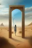 Placeholder: Bosch painting style a woman standing in front of a gate like a mirror in the middle of the desert in foggy sky