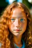 Placeholder: Porträt eines 13-jährigen Mädchens mit hellblauen Augen, Sommersprossen, sonnengebräunter Haut, rötlich-blonden langen Krauselocken