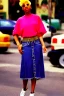 Placeholder: year 1996 denim fashion. Loose skirt, low waist. Colors: denim blue, blue, purple, cream, khaki, light green, lilac, plum, orange, terracotta, red, light yellow, pink, dark blue, beige. Cheetah pattern. Gwen Stephani, Missy Elliot, Shirley Manson.