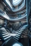 Placeholder: How would a really really really futuristic library look like in the future (super cool features, shelves popping out, cool designs) large and plenty of space. Helping robots climbing stairs to take books down.
