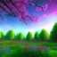 Placeholder: blue sky, red flowers, green trees, purple bushes