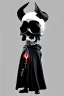 Placeholder: 1950s goofy vinyl toy of a skull face character wearing a black hooded cloak, drawn in a early animation rubber hose animation style, inside a lighter diamond shape on a black background, monochromatic