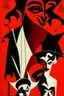 Placeholder: Woland, Behemoth, Korovjov characters from Mikhail Bulgakov’s The Master and Margarita, red background, black, white figures, bizarre, surreal by Adolphe Mouron Cassandre poster