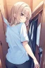 Placeholder: anime girl in a changing room wearing short-shorts and a pyjama shirt, with her back turned.