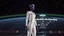 Placeholder: "Artistic photography (((FULL BODY from HEAD to FEET +profile))), enormous almond shape lighted crystal clear eyes, she is gorgeous, dressed in a white shiny jumpsuit she is a gorgeous smiling extra terrestrial woman with indigo purple blue skin with a high elongated skull like Nefertiti, 40 y/o asian, she wears White tight boots without heels, and she is outside on the flying saucers large landing deck of the space station in cosmos.