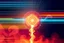 Placeholder: background of energetic and colorful horizontal stipes and wedges, rotating circle of energy(midground, bottom and right) giving off sparks, smoke trail across(bottom and then up left), as a simple vector