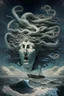 Placeholder: A sailboat of which front is Medusa head is flying into the universe.