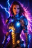 Placeholder: Photography Beautiful woman dressing warrior armor, blue lighting, extreme neons colors lightning, surrounded by colors electricity