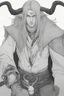 Placeholder: A dnd character portrait, a tiefling man with long hair and two black horns that curve backwards, white eyes and pale skin. Handsome. Young.