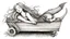Placeholder: The image is a black and white illustration of a mermaid lying on a wooden cart with a dog pulling it. The mermaid is lying on her back with her arms stretched out to the sides and her head tilted back, as if she is sleeping. She has long blonde hair and is wearing a crown on her head. The cart is made of wood and has four wheels. In the background, there is a ship sailing on the ocean with two seagulls flying above it. On the right side of the image, there are two stamps with the words "August