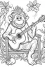 Placeholder: Outline art of laughing monkey with hair texture holding a guitar sitting on a chair in a garden