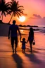 Placeholder: Mom 180cm, dad 180cm and 2year old daughter 90 cm watching the purple blue sunset with the sun super low in the sky. Silhouette from behind on the beach standing on the sand. Make the man Taiwanese and the woman Hispanic