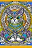 Placeholder: Design an eye-catching cover for a coloring book featuring a friendly, fully colored CUTE cat. Inside the CUTE cat, create colorful mandala designs for complete coloring. In the background, a colorful rectangular mandala pattern , full body, full body cat, full colored body, rectangular mandala patterns in backround