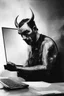 Placeholder: solana king liquidation flush devil in a dark room looking at computer oracle of delphi seeing the future in the style of surrealism black and white