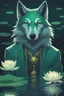 Placeholder: award winning portrait of a male anthropomorphic green wolf that lies at the bottom of a pond, with lotus flowers floating on the water, moon, night time, reflection, loose strokes, dynamic lighting, digital art, 4k, by justin gerard and greg rutkowski, digital art, realistic painting, dnd, character design, trending on artstation