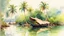 Placeholder: watercolor painting, kerala backwater scene, lush green coconut trees, , water, river , colorful, pen line sketch and watercolor painting ,Inspired by the works of Daniel F. Gerhartz, with a fine art aesthetic and a highly detailed, realistic style