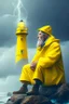 Placeholder: portrait of old seafarer smoking pipe, sitting in yellow raincoat on rocks beneath an unreal bright white lighthouse, storm clouds, volumetric fog, lightening, volumetric light,depth of field, fantasy art, 4k, highly detailed, sunbeam